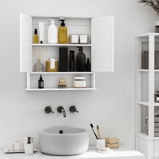 kleankin Armário de Casa de Banho com Espelho, Armário de Parede com 2 Portas, Prateleira Aberta, Prateleira Ajustável, Móvel de Parede para Cozinha ou Sala, 56x13x58 cm, Branco kleankin Armário de Casa de Banho com Espelho, Armário de Parede com 2 Portas, Prateleira Aberta, Prateleira Ajustável, Móvel de Parede para Cozinha ou Sala, 56x13x58 cm, Branco