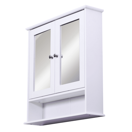 kleankin Armário de Casa de Banho com Espelho, Armário de Parede com 2 Portas, Prateleira Aberta, Prateleira Ajustável, Móvel de Parede para Cozinha ou Sala, 56x13x58 cm, Branco kleankin Armário de Casa de Banho com Espelho, Armário de Parede com 2 Portas, Prateleira Aberta, Prateleira Ajustável, Móvel de Parede para Cozinha ou Sala, 56x13x58 cm, Branco