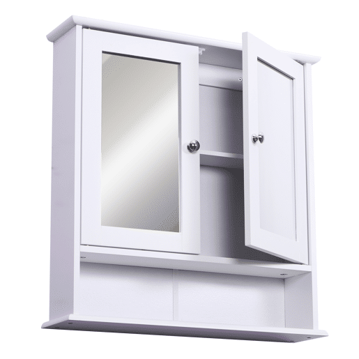kleankin Armário de Casa de Banho com Espelho, Armário de Parede com 2 Portas, Prateleira Aberta, Prateleira Ajustável, Móvel de Parede para Cozinha ou Sala, 56x13x58 cm, Branco kleankin Armário de Casa de Banho com Espelho, Armário de Parede com 2 Portas, Prateleira Aberta, Prateleira Ajustável, Móvel de Parede para Cozinha ou Sala, 56x13x58 cm, Branco