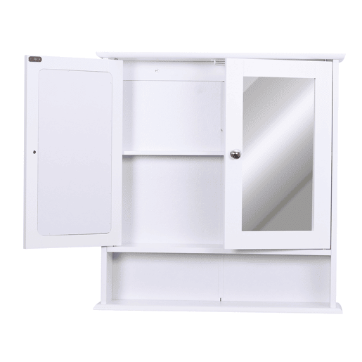 kleankin Armário de Casa de Banho com Espelho, Armário de Parede com 2 Portas, Prateleira Aberta, Prateleira Ajustável, Móvel de Parede para Cozinha ou Sala, 56x13x58 cm, Branco kleankin Armário de Casa de Banho com Espelho, Armário de Parede com 2 Portas, Prateleira Aberta, Prateleira Ajustável, Móvel de Parede para Cozinha ou Sala, 56x13x58 cm, Branco
