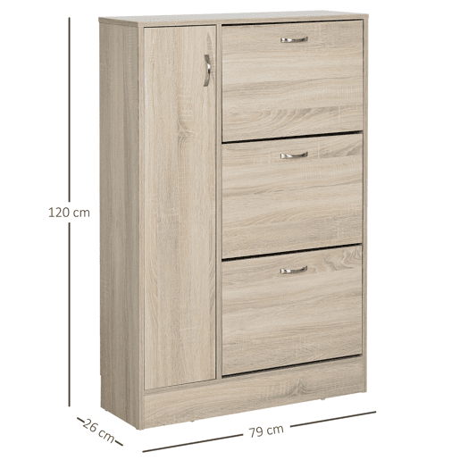 HOMCOM Sapateira com 3 Portas para até 12 Pares de Sapatos Móvel de Entrada com Armário Lateral e Compartimento para Sapatos com Prateleira Ajustável em até 2 Níveis 79x26x120cm Madeira