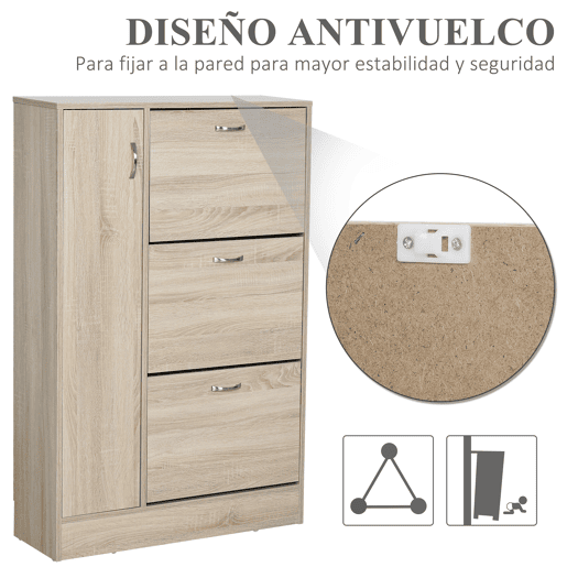 HOMCOM Sapateira com 3 Portas para até 12 Pares de Sapatos Móvel de Entrada com Armário Lateral e Compartimento para Sapatos com Prateleira Ajustável em até 2 Níveis 79x26x120cm Madeira