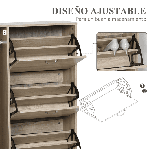HOMCOM Sapateira com 3 Portas para até 12 Pares de Sapatos Móvel de Entrada com Armário Lateral e Compartimento para Sapatos com Prateleira Ajustável em até 2 Níveis 79x26x120cm Madeira