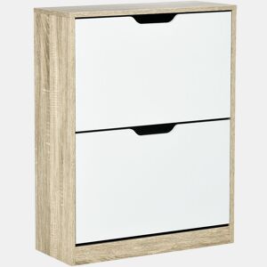 HOMCOM Armário para Sapatos Sapateira de Madeira com 2 Portas Abatíveis 4 Prateleiras de Armazenamento Capacidade 8 Pares de Sapatos para Entrada Corredor Dormitório 62,5x26x81cm Branco e Natural