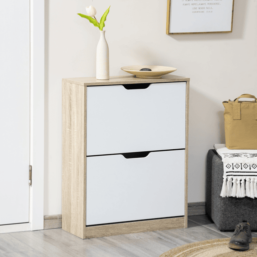HOMCOM Armário para Sapatos Sapateira de Madeira com 2 Portas Abatíveis 4 Prateleiras de Armazenamento Capacidade 8 Pares de Sapatos para Entrada Corredor Dormitório 62,5x26x81cm Branco e Natural