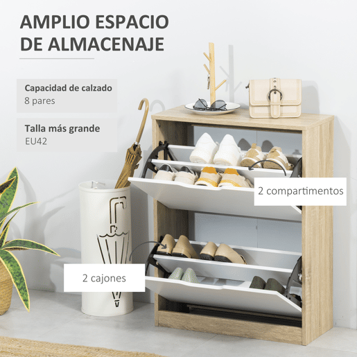 HOMCOM Armário para Sapatos Sapateira de Madeira com 2 Portas Abatíveis 4 Prateleiras de Armazenamento Capacidade 8 Pares de Sapatos para Entrada Corredor Dormitório 62,5x26x81cm Branco e Natural