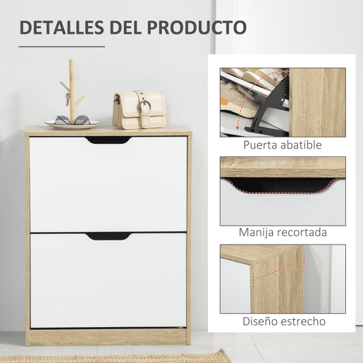 HOMCOM Armário para Sapatos Sapateira de Madeira com 2 Portas Abatíveis 4 Prateleiras de Armazenamento Capacidade 8 Pares de Sapatos para Entrada Corredor Dormitório 62,5x26x81cm Branco e Natural