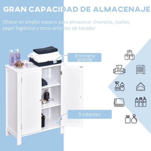 kleankin Armário Casa de Banho com 2 Portas e 2 Prateleiras Internas Ajustáveis Móvel Auxiliar de Armazenamento para Sala de Estar Cozinha 60x30x80cm Branco