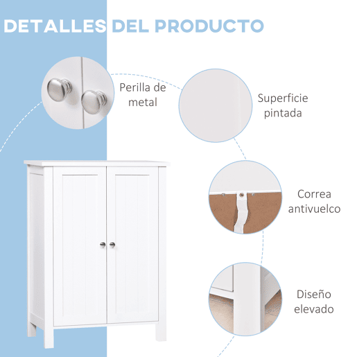 kleankin Armário Casa de Banho com 2 Portas e 2 Prateleiras Internas Ajustáveis Móvel Auxiliar de Armazenamento para Sala de Estar Cozinha 60x30x80cm Branco