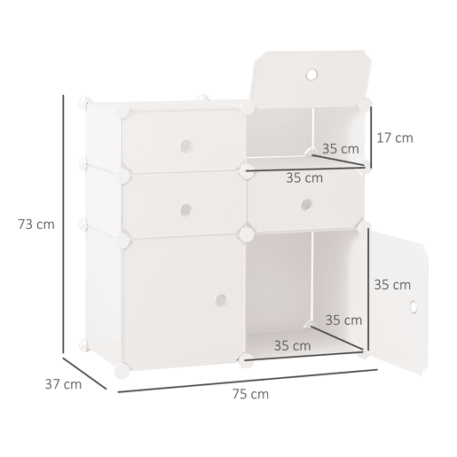 HOMCOM Armário Modular de Plástico Armário Modular com 6 Cubos Organizador de Roupas Sapatos Brinquedos 75x37x73cm Branco