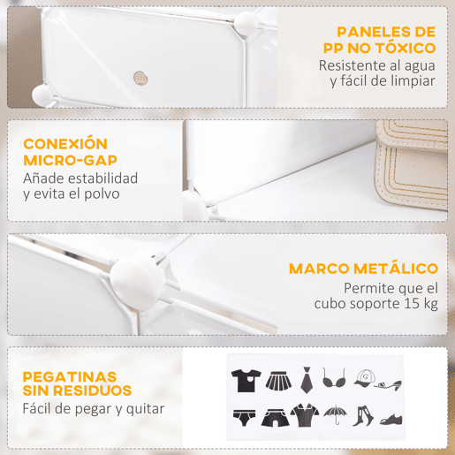 HOMCOM Armário Modular de Plástico Armário Modular com 6 Cubos Organizador de Roupas Sapatos Brinquedos 75x37x73cm Branco