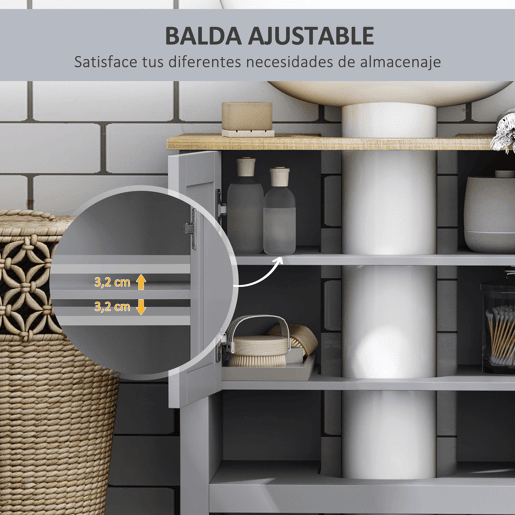 Kleankin Armário compacto para sob a pia com 2 portas e prateleira interna ajustável Gabinete auxiliar para banheiro 60x30x60 cm Cinza