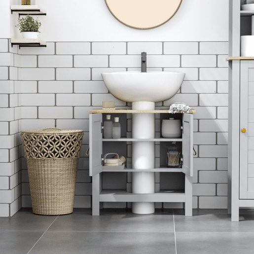 Kleankin Armário compacto para sob a pia com 2 portas e prateleira interna ajustável Gabinete auxiliar para banheiro 60x30x60 cm Cinza