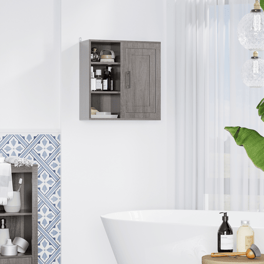 HOMCOM Armário Casa de Banho de Parede com 3 Prateleiras Abertas 1 Armário Móvel Auxiliar de Parede para Casa de Banho Estilo Moderno 48x20x50cm Cinza