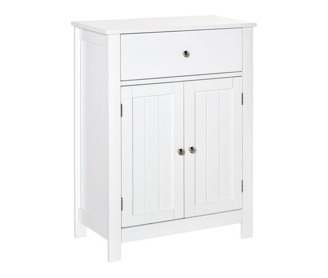 Kleankin armario de baño con 1 cajón 2 puertas y estante interior ajustable mueble auxiliar de almacenaje multifuncional para salón cocina antivuelco 60x30x80 cm blanco