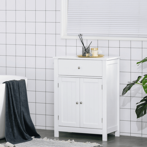 Kleankin Armário de Casa de Banho com 1 Gaveta e Prateleira Interior Ajustável Móvel Auxiliar de Armazenamento Multifuncional para Sala de Estar Cozinha 60x30x80cm Branco