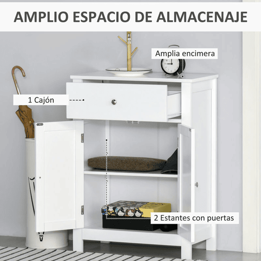 Kleankin Armário de Casa de Banho com 1 Gaveta e Prateleira Interior Ajustável Móvel Auxiliar de Armazenamento Multifuncional para Sala de Estar Cozinha 60x30x80cm Branco