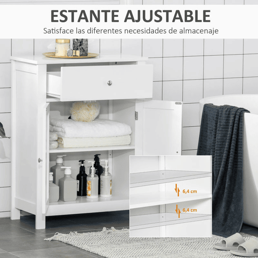 Kleankin Armário de Casa de Banho com 1 Gaveta e Prateleira Interior Ajustável Móvel Auxiliar de Armazenamento Multifuncional para Sala de Estar Cozinha 60x30x80cm Branco