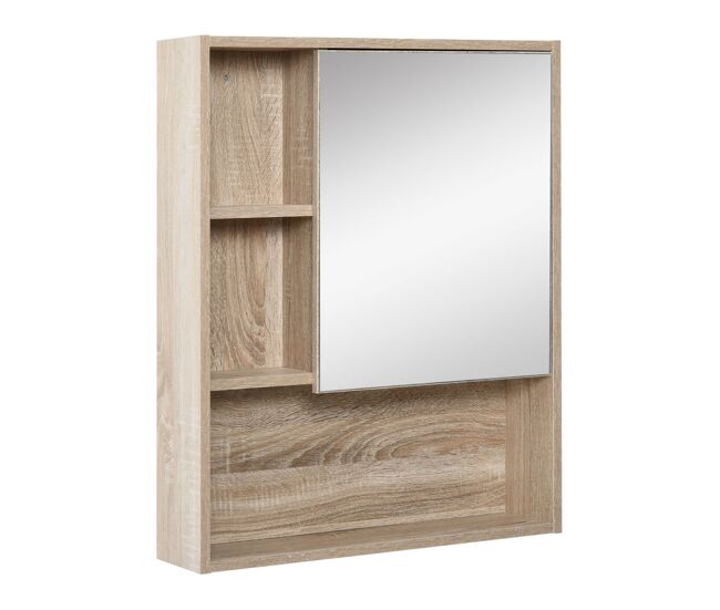 Kleankin armario con espejo armario de baño montado en pared con estante ajustable en altura espacio interno estantes abiertos 60x15x76 cm grano de roble