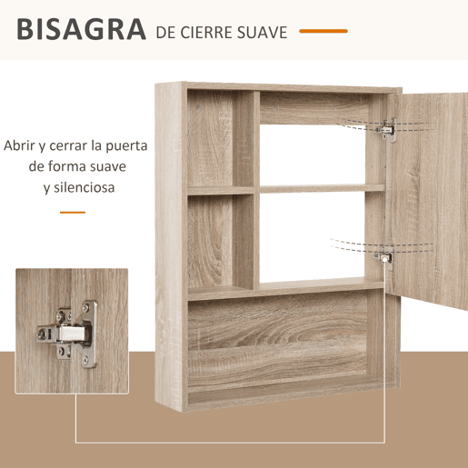 kleankin Armário para banheiro de madeira montado na parede com espelho, porta de vidro e prateleira aberta ajustável 60x 15x 76cm em grão de carvalho
