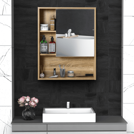 kleankin Armário para banheiro de madeira montado na parede com espelho, porta de vidro e prateleira aberta ajustável 60x 15x 76cm em grão de carvalho