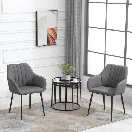 HOMCOM Conjunto de 2 Cadeiras de Sala de Jantar Estofadas em Linho Cadeiras de Cozinha com Encosto Apoio para os Braços e Pés de Metal 59,5x56,5x81 cm Cinza