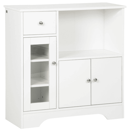 HOMCOM Aparador de Cozinha Moderno com Porta de Vidro Gaveta Prateleira Aberta e Prateleiras Ajustáveis Móvel Auxiliar de Armazenamento para Sala de Jantar Sala de Estar 80x30x82cm Branco
