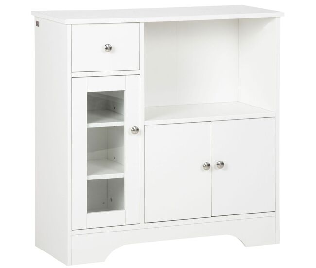 Homcom aparador blanco aparador de cocina moderno con puerta de vidrio cajón estante abierto y baldas ajustables mueble auxiliar de almacenaje para comedor salón 80x30x82 cm blanco