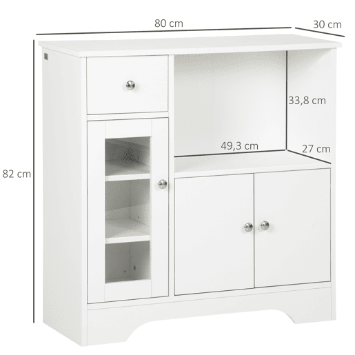 HOMCOM Aparador de Cozinha Moderno com Porta de Vidro Gaveta Prateleira Aberta e Prateleiras Ajustáveis Móvel Auxiliar de Armazenamento para Sala de Jantar Sala de Estar 80x30x82cm Branco