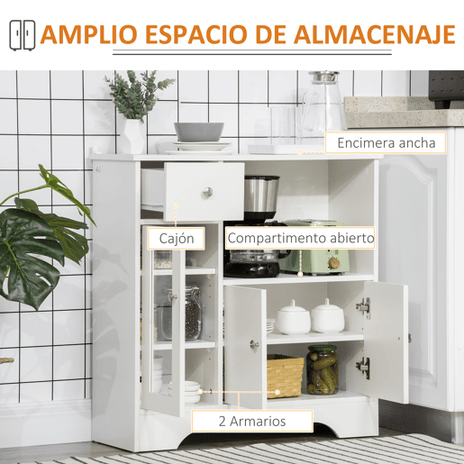 HOMCOM Aparador de Cozinha Moderno com Porta de Vidro Gaveta Prateleira Aberta e Prateleiras Ajustáveis Móvel Auxiliar de Armazenamento para Sala de Jantar Sala de Estar 80x30x82cm Branco
