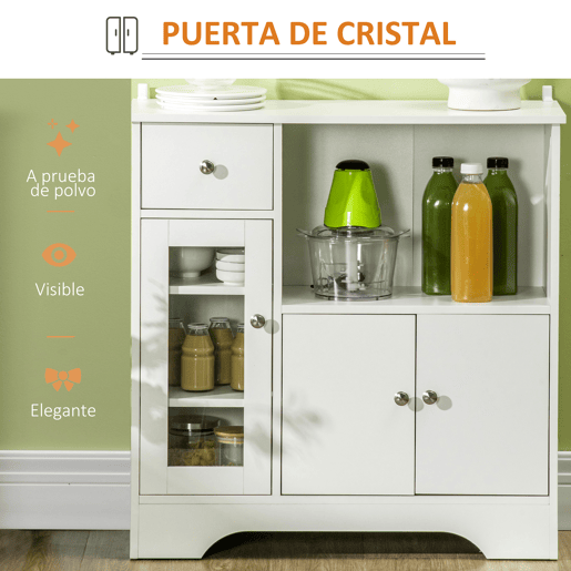 HOMCOM Aparador de Cozinha Moderno com Porta de Vidro Gaveta Prateleira Aberta e Prateleiras Ajustáveis Móvel Auxiliar de Armazenamento para Sala de Jantar Sala de Estar 80x30x82cm Branco