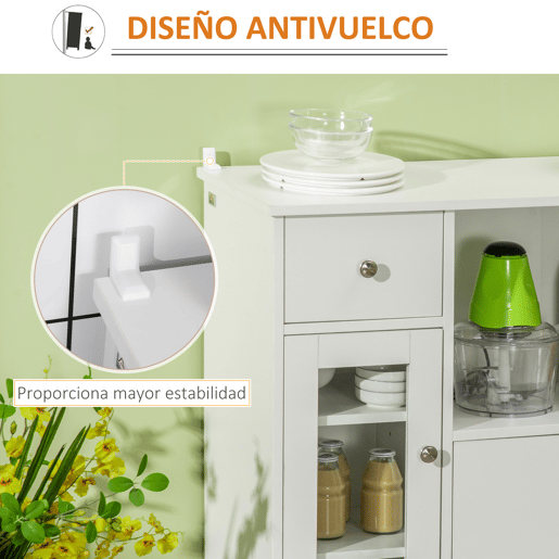 HOMCOM Aparador de Cozinha Moderno com Porta de Vidro Gaveta Prateleira Aberta e Prateleiras Ajustáveis Móvel Auxiliar de Armazenamento para Sala de Jantar Sala de Estar 80x30x82cm Branco