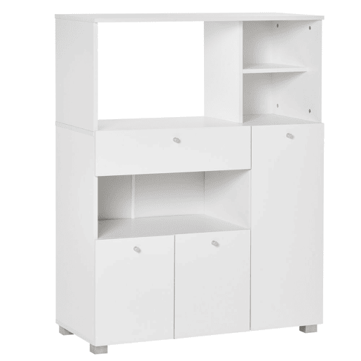 HOMCOM Aparador Auxiliar para Microondas Buffet de Cozinha com 2 Armários com Portas 1 Gaveta e Prateleiras de Armazenamento 90x40x120cm Branco