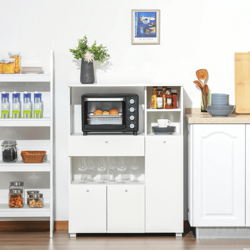 HOMCOM Aparador Auxiliar para Microondas Buffet de Cozinha com 2 Armários com Portas 1 Gaveta e Prateleiras de Armazenamento 90x40x120cm Branco