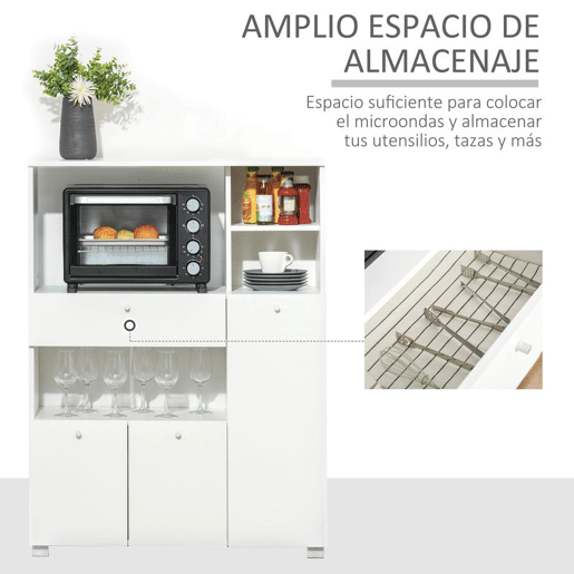 HOMCOM Aparador Auxiliar para Microondas Buffet de Cozinha com 2 Armários com Portas 1 Gaveta e Prateleiras de Armazenamento 90x40x120cm Branco