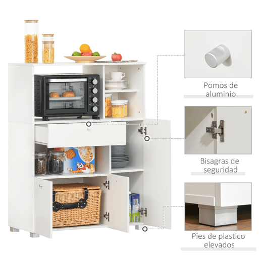 HOMCOM Aparador Auxiliar para Microondas Buffet de Cozinha com 2 Armários com Portas 1 Gaveta e Prateleiras de Armazenamento 90x40x120cm Branco