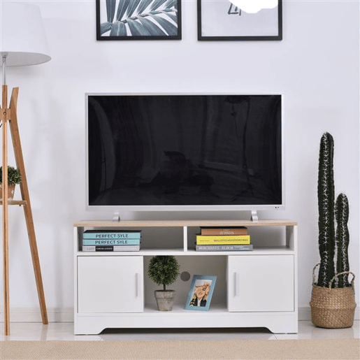 HOMCOM Móvel de TV para Sala de Estar Móvel de TV com Amplo Espaço de Arrumação Prateleiras Abertas Orifício Passa Cabos 105x40x52 cm Branco e Madeira