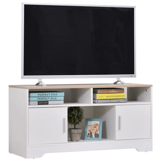 HOMCOM Móvel de TV para Sala de Estar Móvel de TV com Amplo Espaço de Arrumação Prateleiras Abertas Orifício Passa Cabos 105x40x52 cm Branco e Madeira