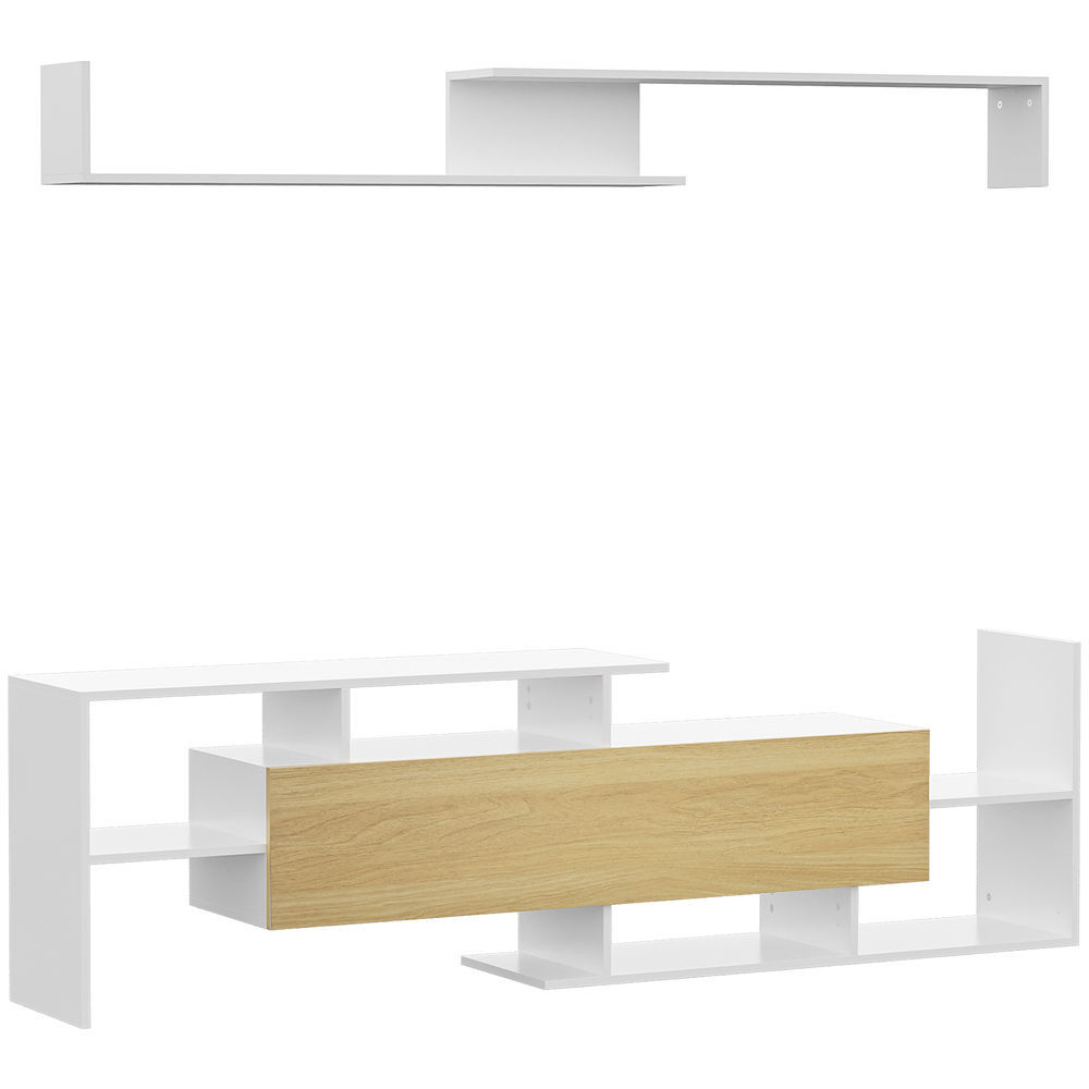 Homcom muebles de salón conjunto muebles de tv para televisiones de pared hasta 65" o de pie hasta 40"con mesa para televisor 153,6x25x42 cm y estante de pared 150x14,5x16,3 cm blanco y natural