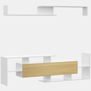 HOMCOM Móvel de TV Moderno Móvel de Sala de Estar para Televisores 153,6x25x42cm e Prateleira de Parede 150x14,5x16,3cm Branco e Madeira