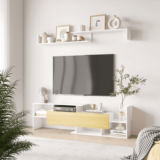 HOMCOM Móvel de TV Moderno Móvel de Sala de Estar para Televisores 153,6x25x42cm e Prateleira de Parede 150x14,5x16,3cm Branco e Madeira