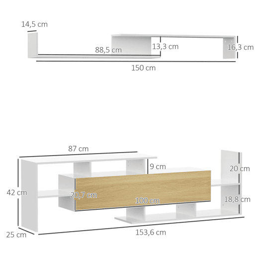 HOMCOM Móvel de TV Moderno Móvel de Sala de Estar para Televisores 153,6x25x42cm e Prateleira de Parede 150x14,5x16,3cm Branco e Madeira