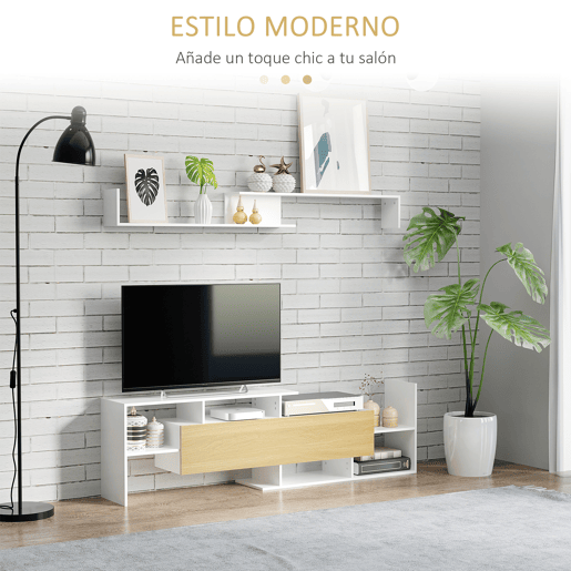 HOMCOM Móvel de TV Moderno Móvel de Sala de Estar para Televisores 153,6x25x42cm e Prateleira de Parede 150x14,5x16,3cm Branco e Madeira
