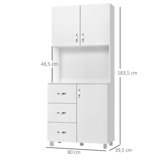 HOMCOM Armário de Armazenamento de Cozinha Armário Alto com 3 Gavetas 3 Portas e Prateleiras Interiores Ajustáveis móvel Auxiliar para Sala de Jantar Sala de Estar 80x39,5x183,5cm Branco