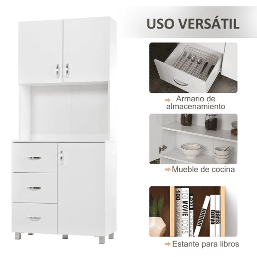 HOMCOM Armário de Armazenamento de Cozinha Armário Alto com 3 Gavetas 3 Portas e Prateleiras Interiores Ajustáveis móvel Auxiliar para Sala de Jantar Sala de Estar 80x39,5x183,5cm Branco