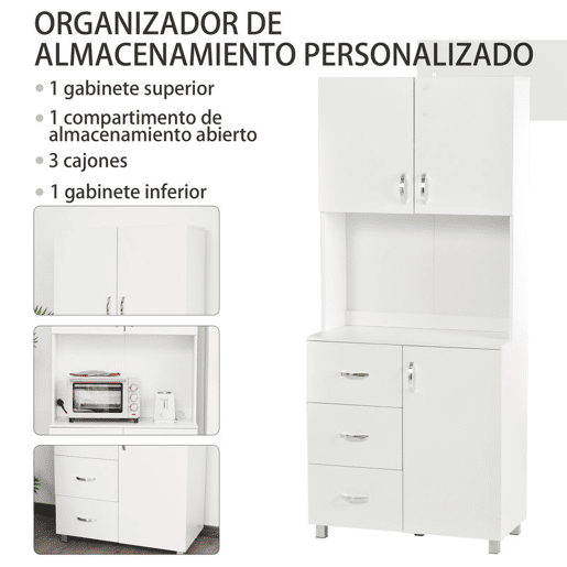 HOMCOM Armário de Armazenamento de Cozinha Armário Alto com 3 Gavetas 3 Portas e Prateleiras Interiores Ajustáveis móvel Auxiliar para Sala de Jantar Sala de Estar 80x39,5x183,5cm Branco