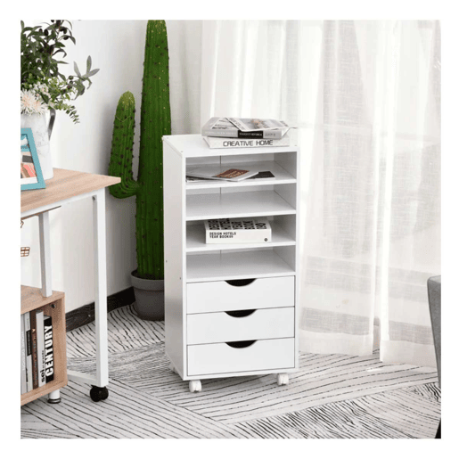 Vinsetto Móveis auxiliares para escritório Estudo Grande espaço de armazenamento com 3 gavetas 4 prateleiras abertas 4 rodas 40x30x83 cm Branco