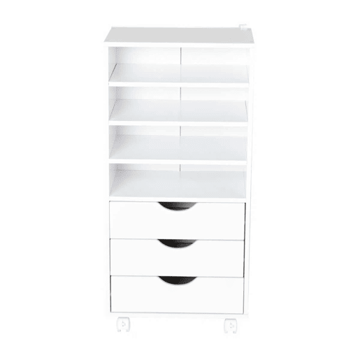 Vinsetto Móveis auxiliares para escritório Estudo Grande espaço de armazenamento com 3 gavetas 4 prateleiras abertas 4 rodas 40x30x83 cm Branco