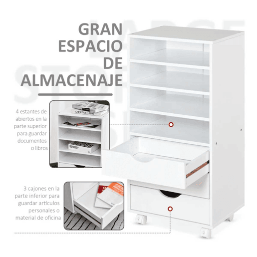Vinsetto Móveis auxiliares para escritório Estudo Grande espaço de armazenamento com 3 gavetas 4 prateleiras abertas 4 rodas 40x30x83 cm Branco