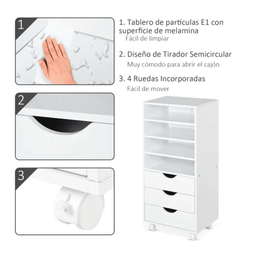 Vinsetto Móveis auxiliares para escritório Estudo Grande espaço de armazenamento com 3 gavetas 4 prateleiras abertas 4 rodas 40x30x83 cm Branco